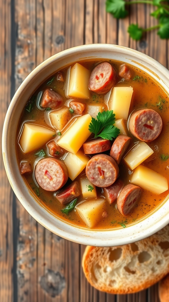 Hearty Potato Kielbasa Soup Recipe A hearty bowl of potato kielbasa soup with potatoes and sausage, garnished with parsley on a rustic table with bread.